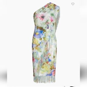 BADGLEY MISCHKA Green Multi Fringe Sequin Floral One Shoulder Dress